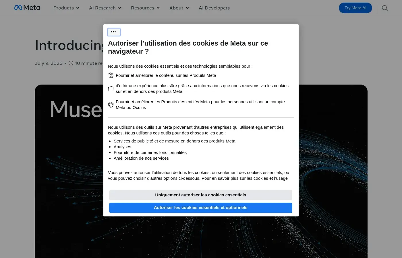 Page officielle de Meta consacrée à la famille Muse Spark