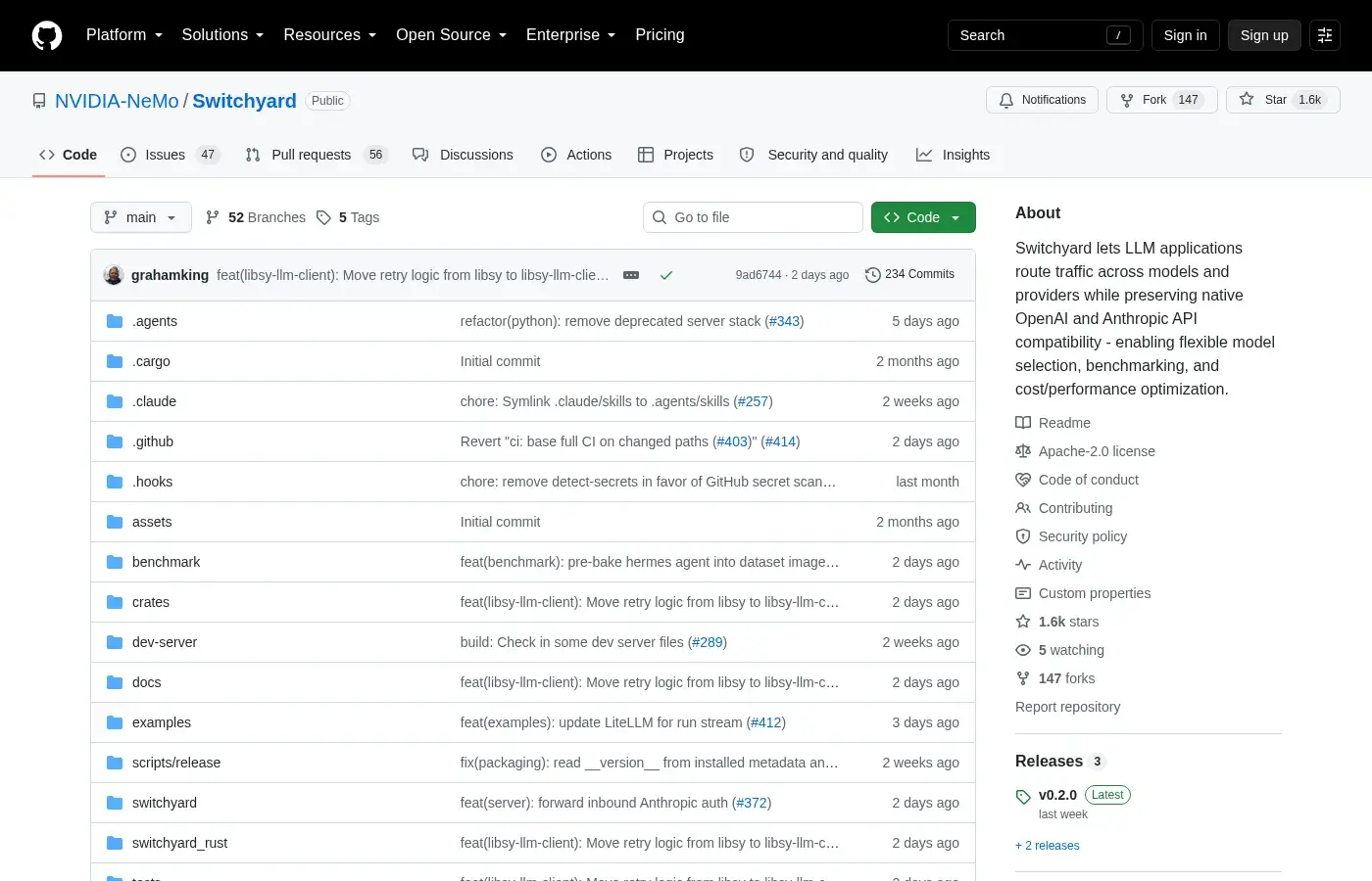 Dépôt officiel NVIDIA NeMo Switchyard présentant le routeur de trafic entre modèles
