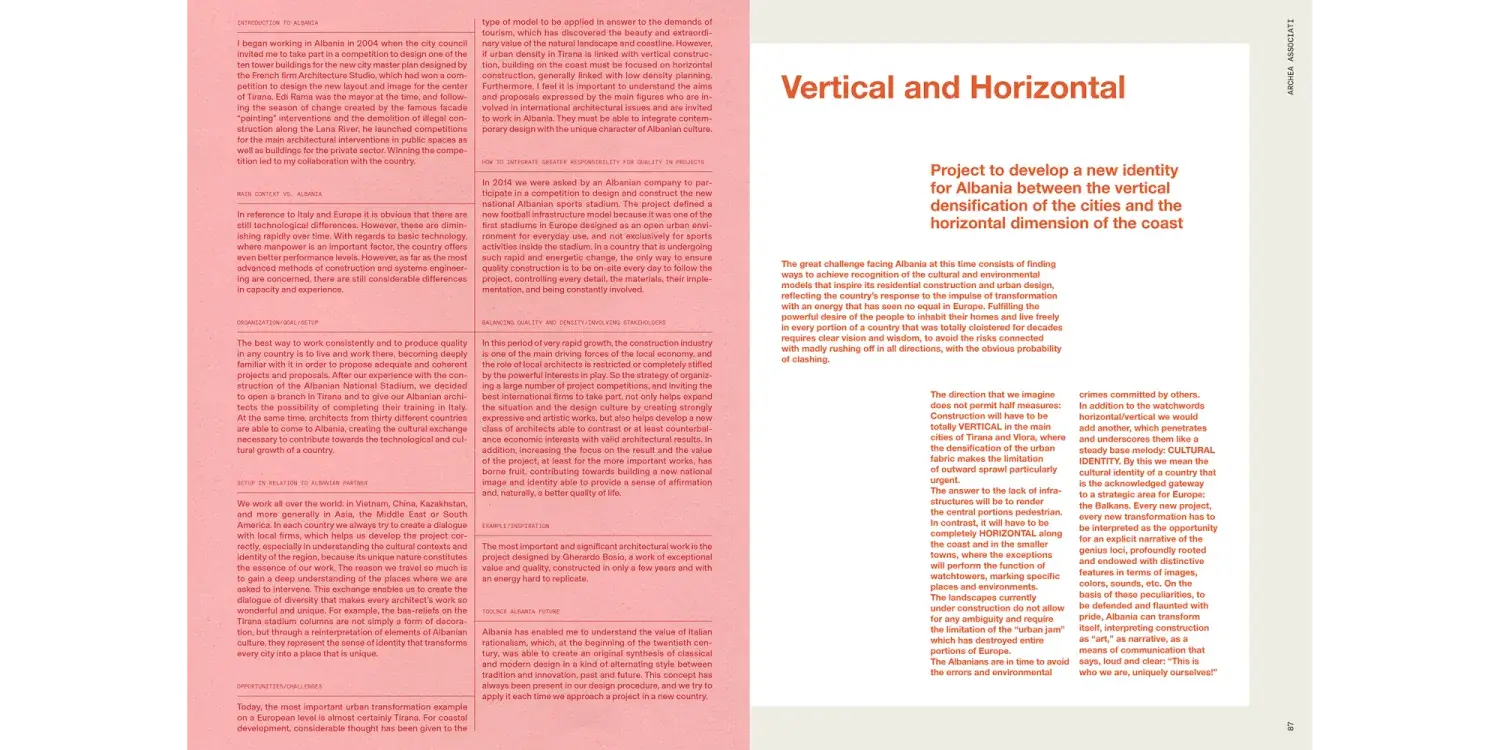 Double page de The Albanian Files montrant plusieurs projets architecturaux en Albanie