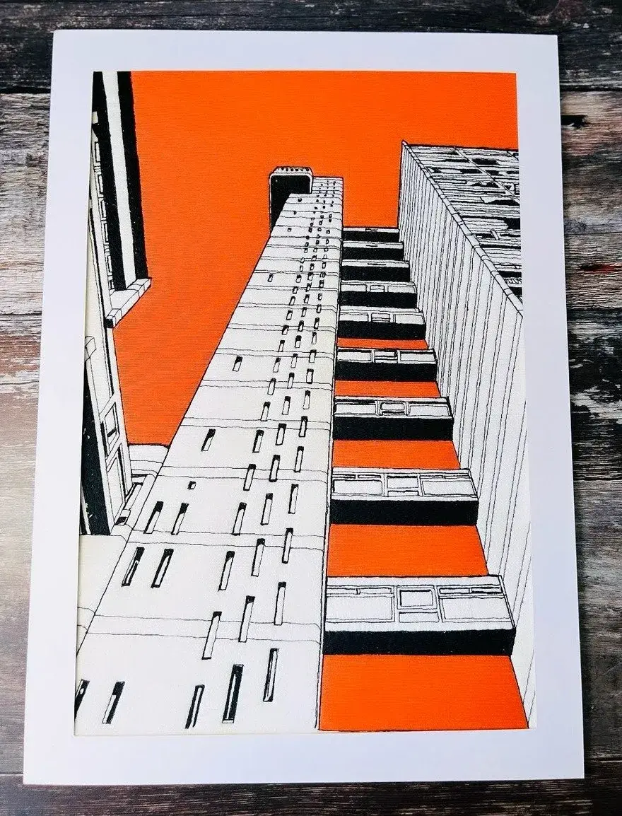 Thread-stitched architectural rendering: brutalist towers against an orange sky, seen from below