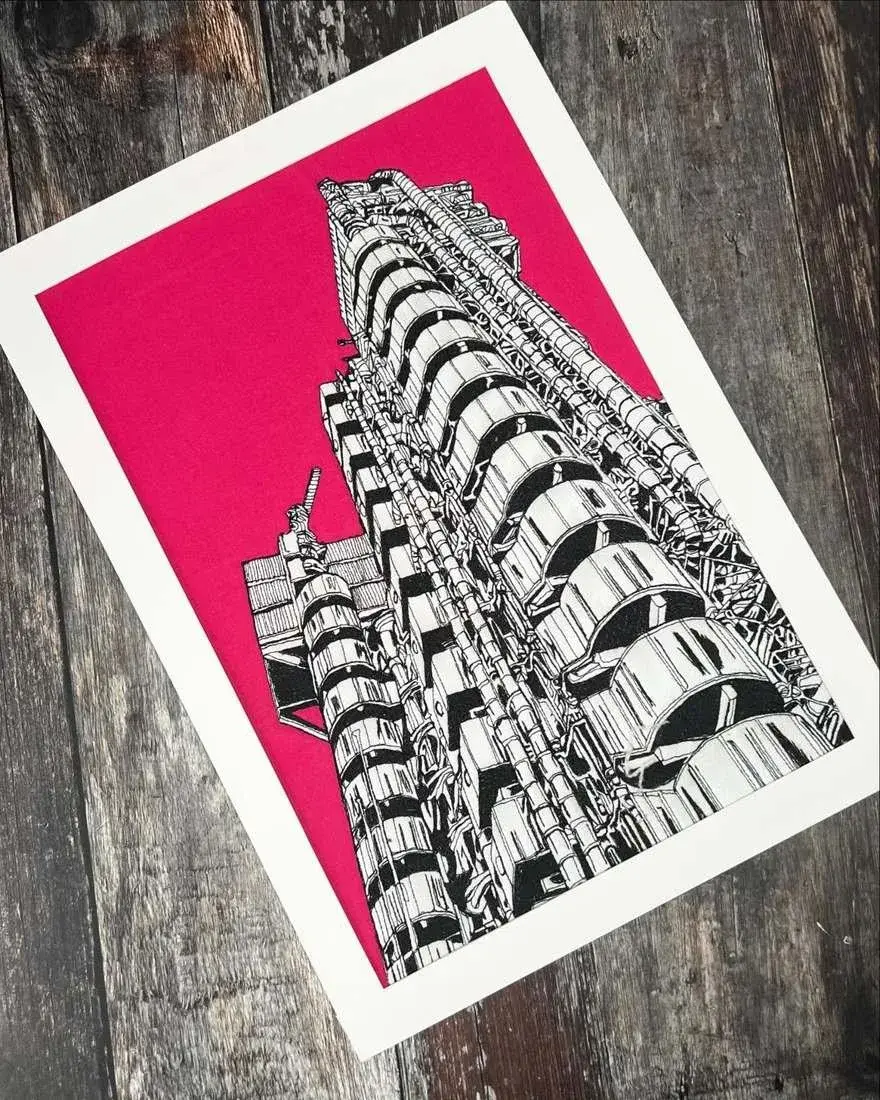 Thread embroidery of London's Lloyd's building on a pink ground, detail of its service towers