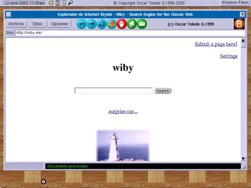 The 1999 Biyubi browser displaying wiby.me inside the Am29000 emulator in 2026