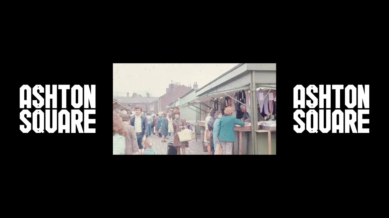Archive photo of Ashton-in-Makerfield's outdoor market, crowd at the stalls, framed by black Ashton Square typography