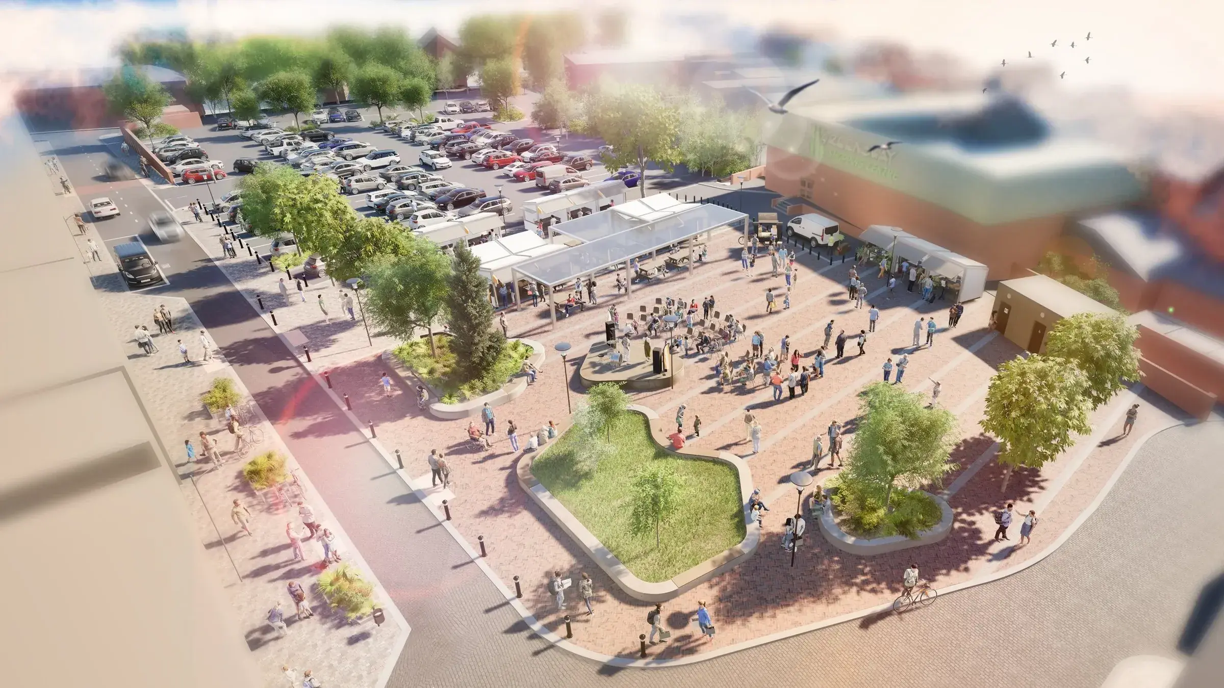 Aerial render of the future Ashton Square: covered kiosks, flexible paved space, greenery and residents