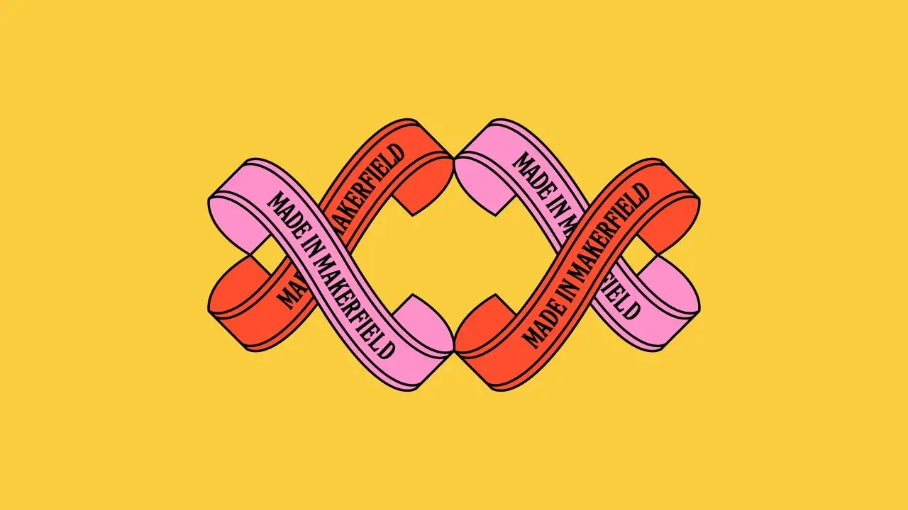 Interlaced pink, red and mauve ribbons reading Made in Makerfield on a yellow background