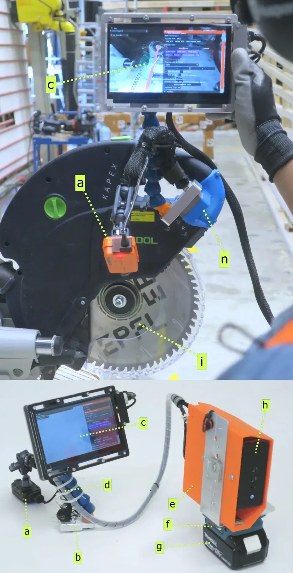 Augmented Carpentry hardware with camera, screen, portable computer and 3D-printed mounting