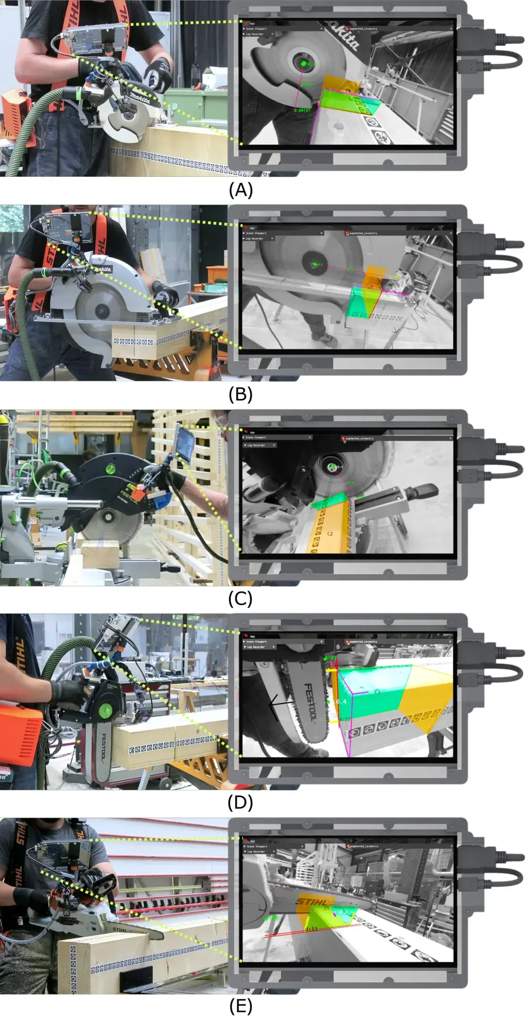 Family of saws, drills and chainsaw integrated into Augmented Carpentry
