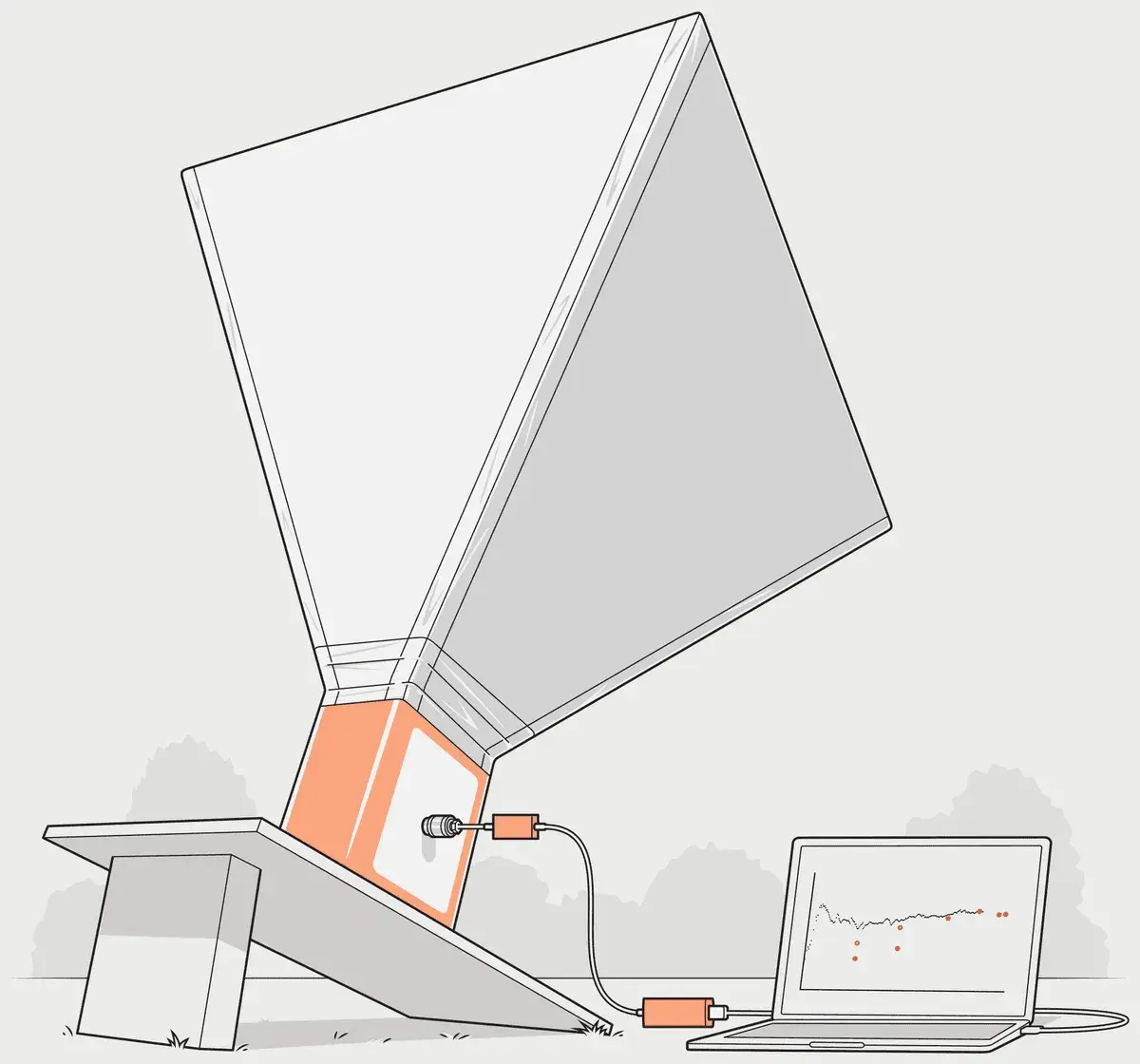 Illustration of the improvised radio telescope: an inverted pyramidal horn sitting on a metal enclosure, connected by cable to a laptop