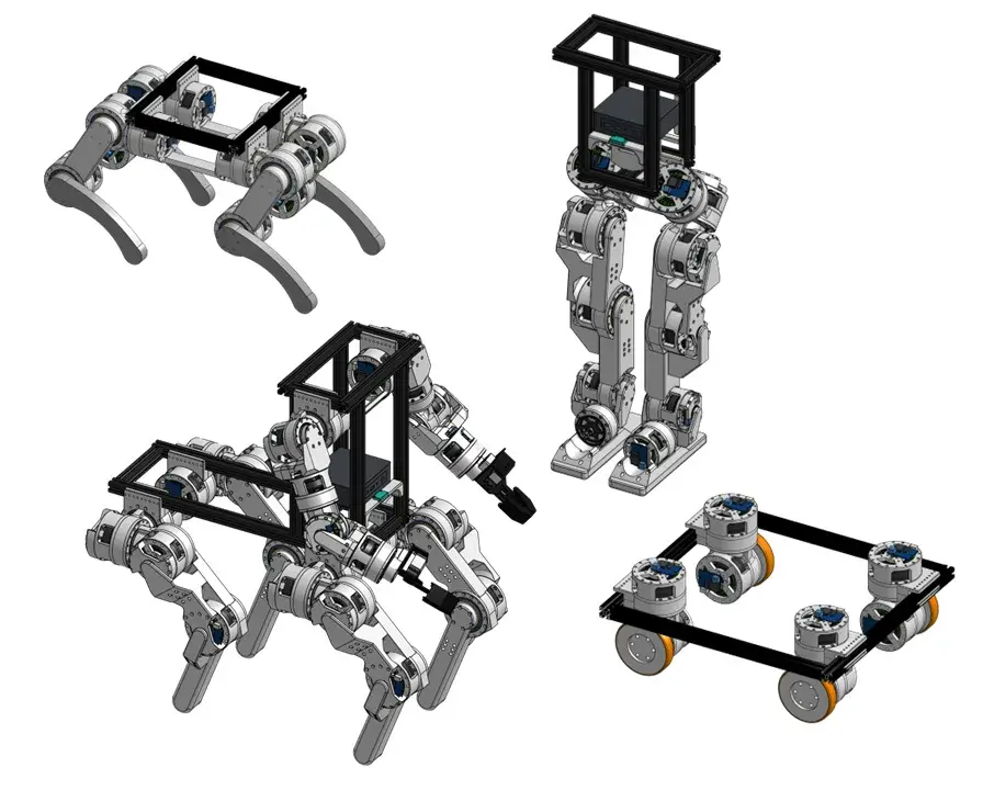 Several robot morphologies proposed using Berkeley Humanoid Lite modular actuators