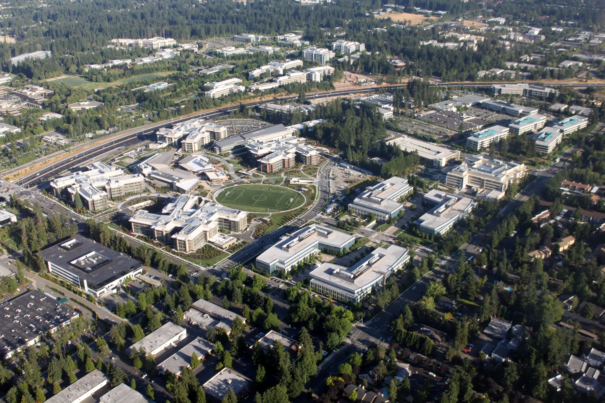 Aerial view of the Microsoft campus in Redmond