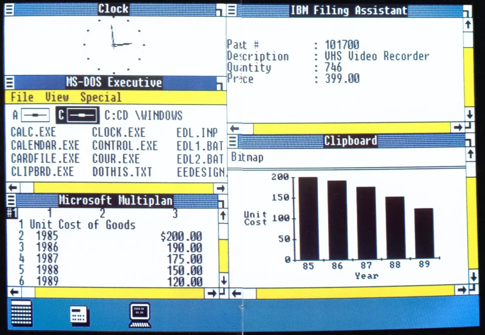 Promotional pages for Microsoft Windows 1.0 showing several graphical applications