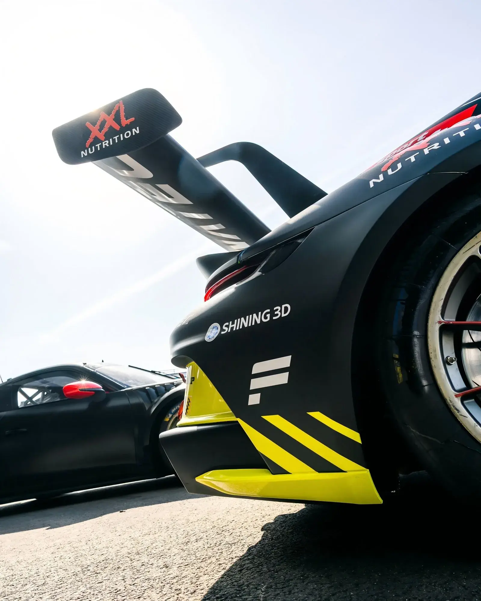 Black Falcon race car in the pits with SHINING 3D branding