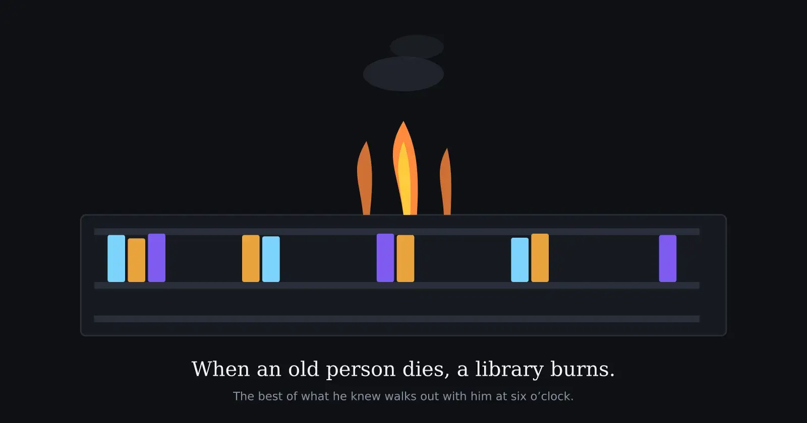 Une bibliothèque en feu, illustrant le proverbe africain sur la connaissance perdue
