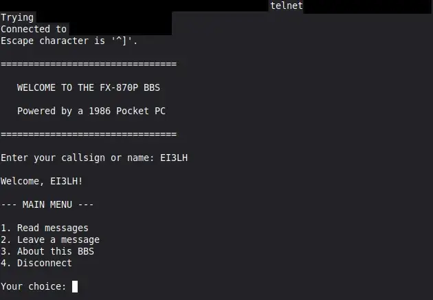 Four-option VX-4 BBS menu displayed in a terminal