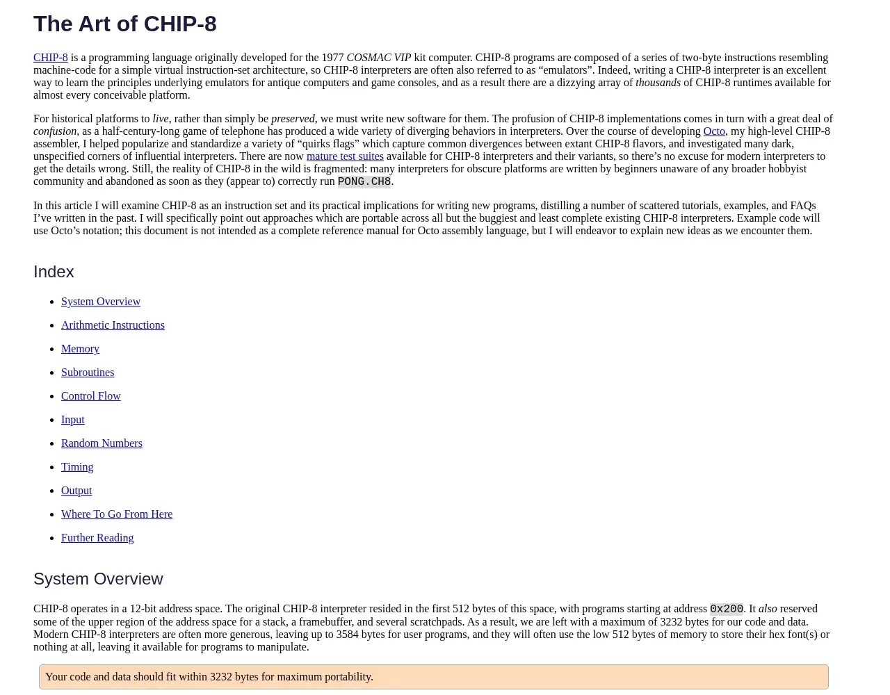 Page The Art of CHIP-8 montrant les contraintes de la machine virtuelle