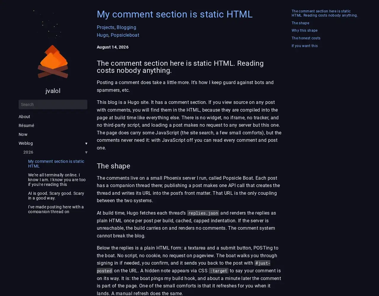 jvalol blog page explaining its static HTML comment system