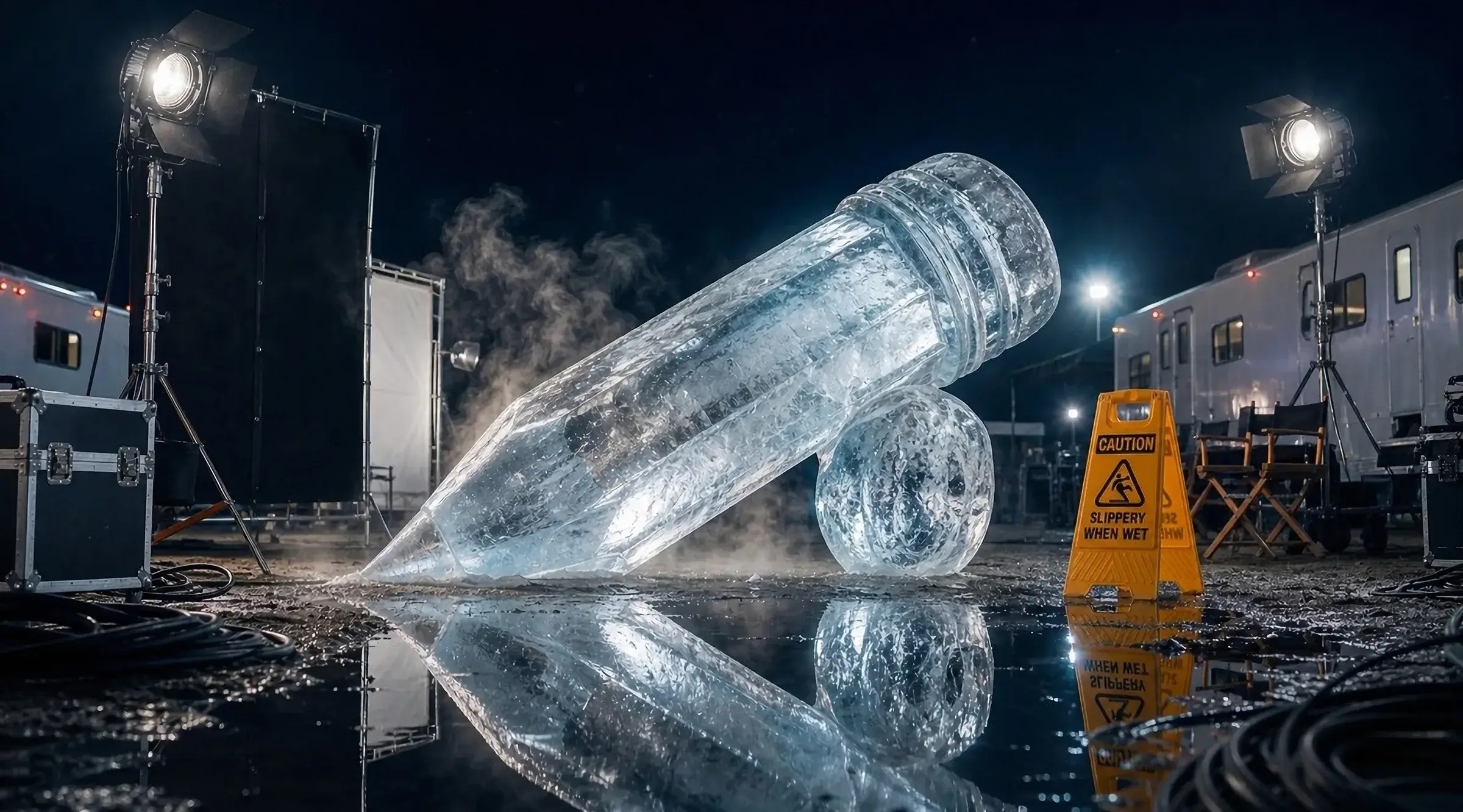 Crayon géant sculpté dans de la glace craquelée qui fond sur un plateau de tournage, avec un panneau glissant quand mouillé