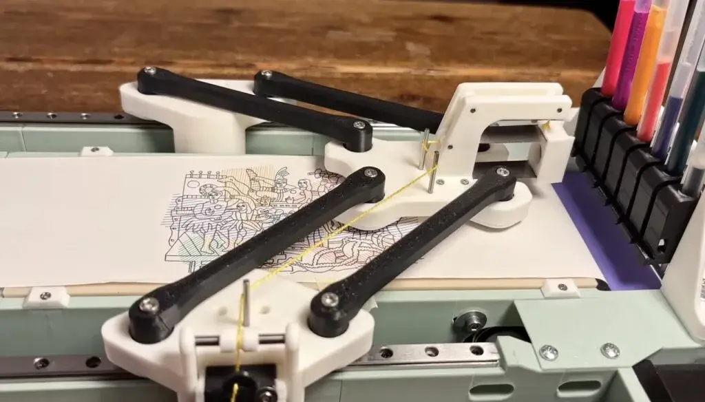 Delta plotter with two vertical rails, linked arms and a pen rack