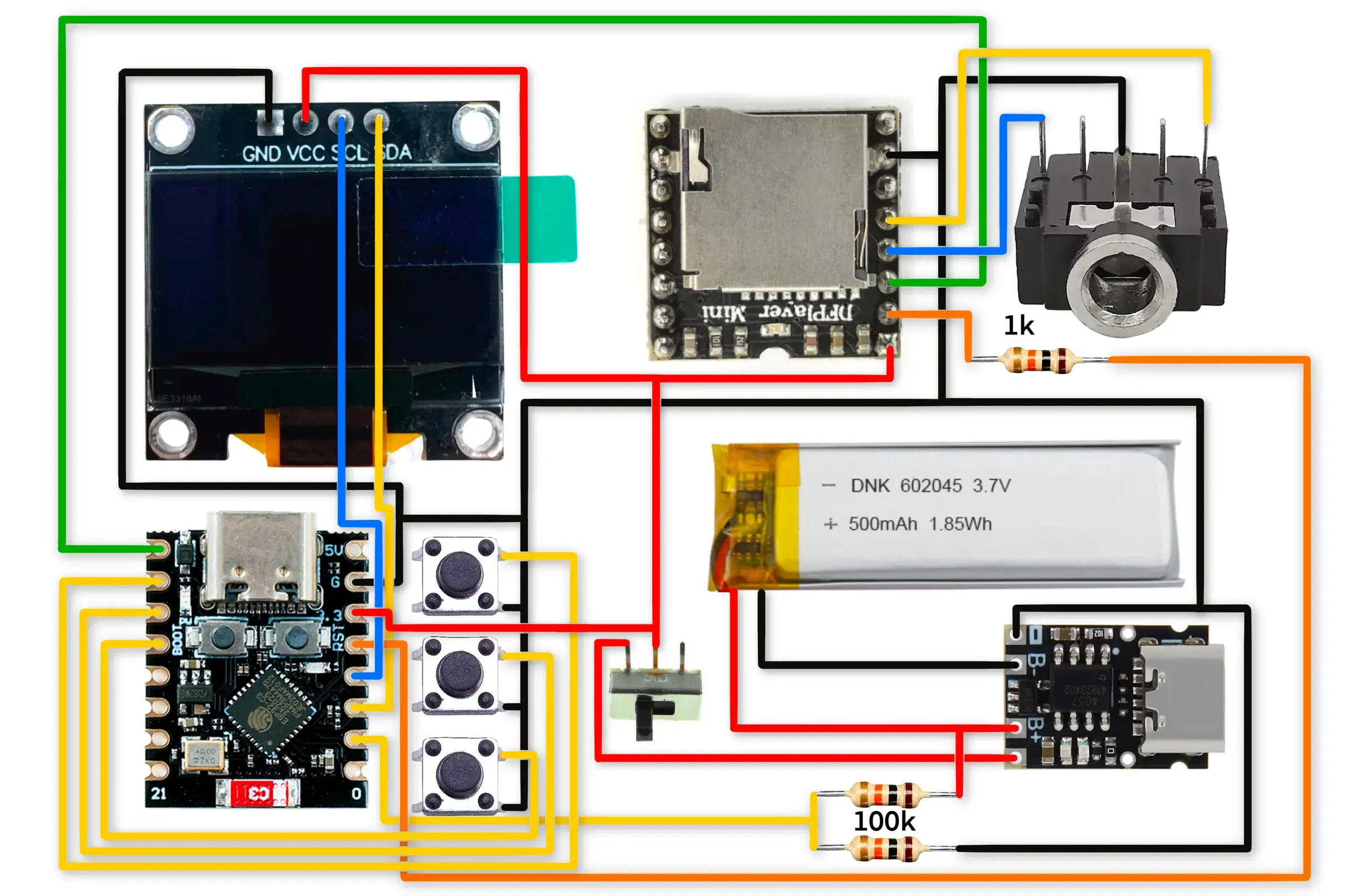 Schéma de câblage du DIYPod Shuffle autour d’un ESP32-C3, DFPlayer Mini, OLED et boutons