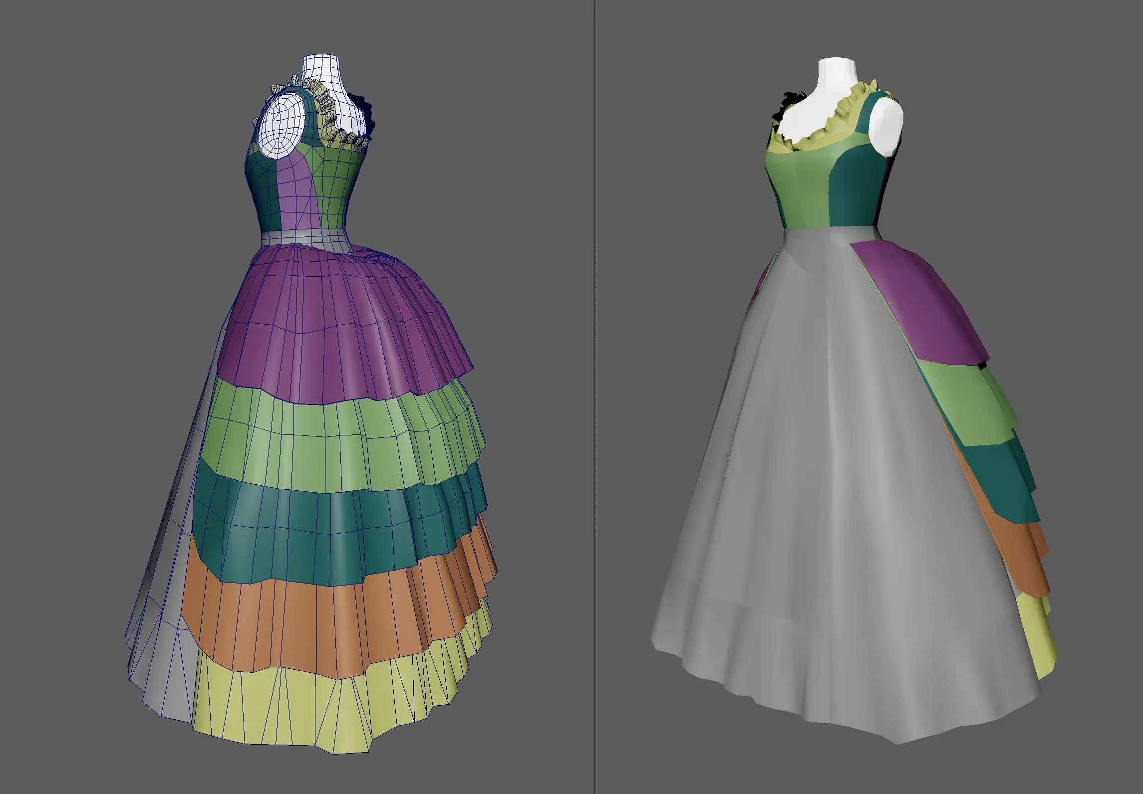 Modèles de robes en 3D dans Dressmaker, montrant plusieurs formes et constructions de vêtements