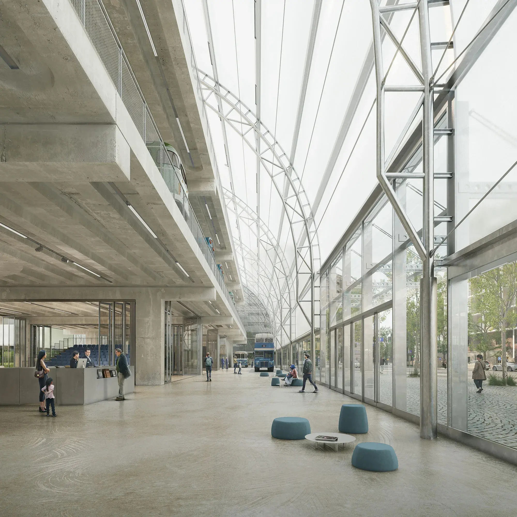 Vue intérieure de concours avec autobus dans une grande salle sans poteaux