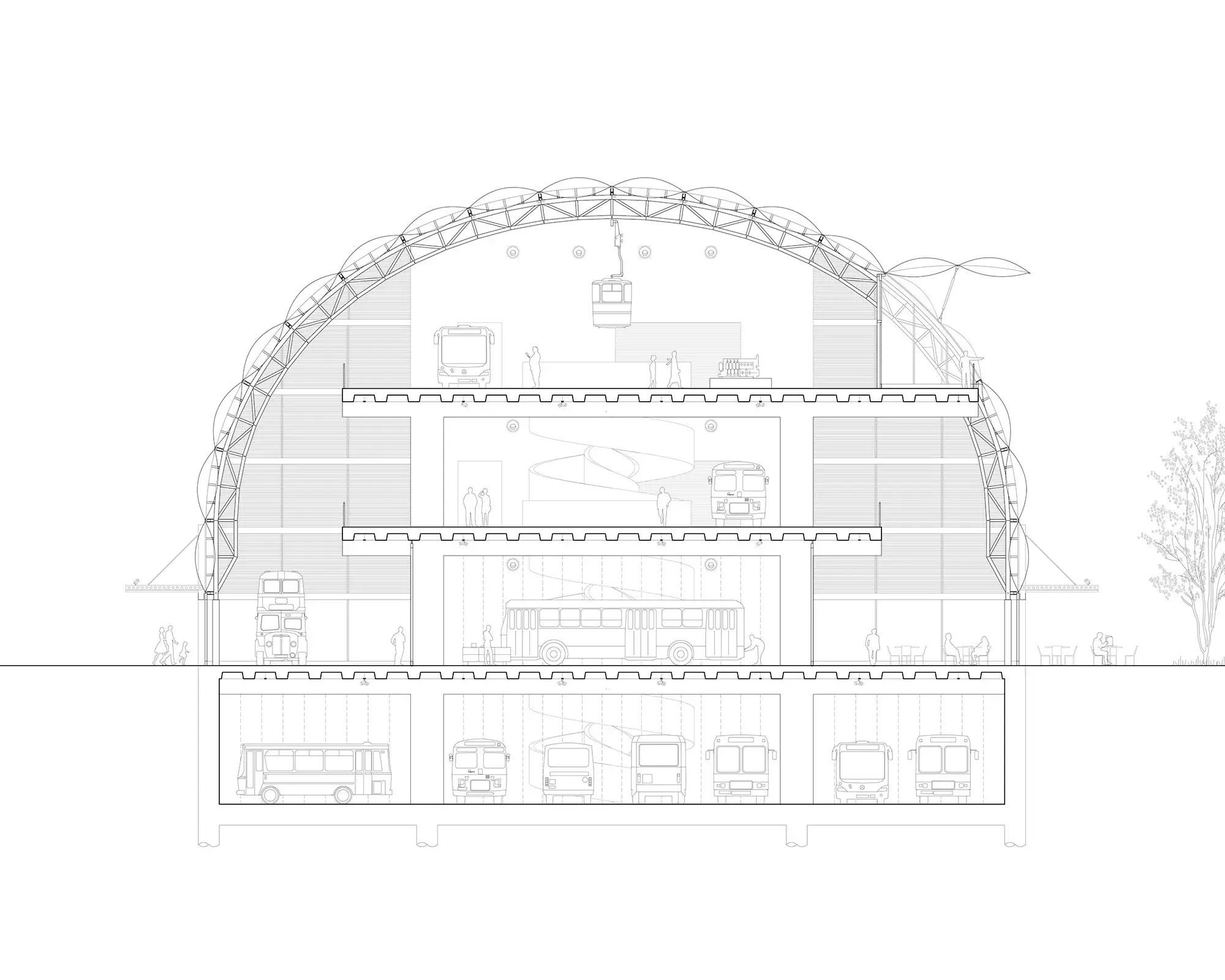 Coupe détaillée du projet de musée EMT montrant structure interne et enveloppe