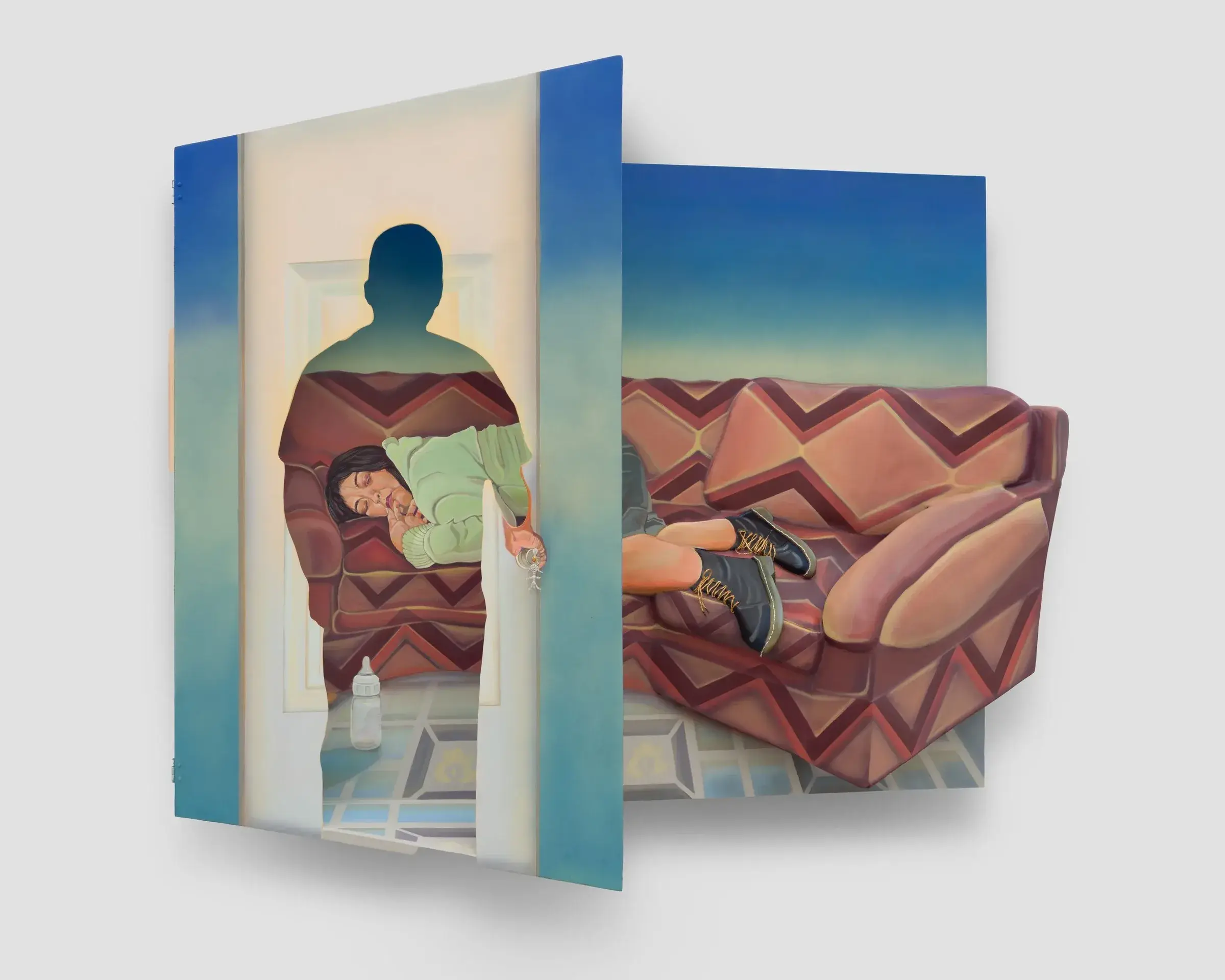 Diptych in which a patterned sofa leaves the painted surface to become volume, a woman asleep on the cushions and a man's silhouette in a doorway