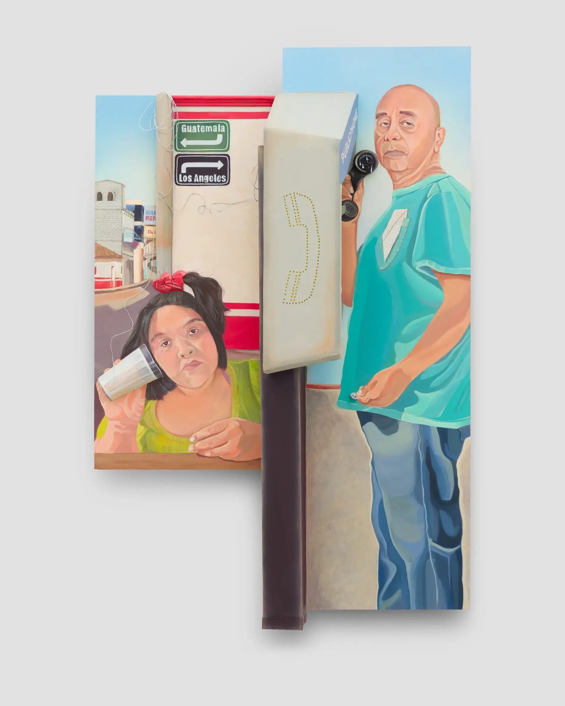 Sculptural painting in two panels: a child holds a paper phone to her ear while a man waits at a three-dimensional payphone, between Guatemala and Los Angeles signs
