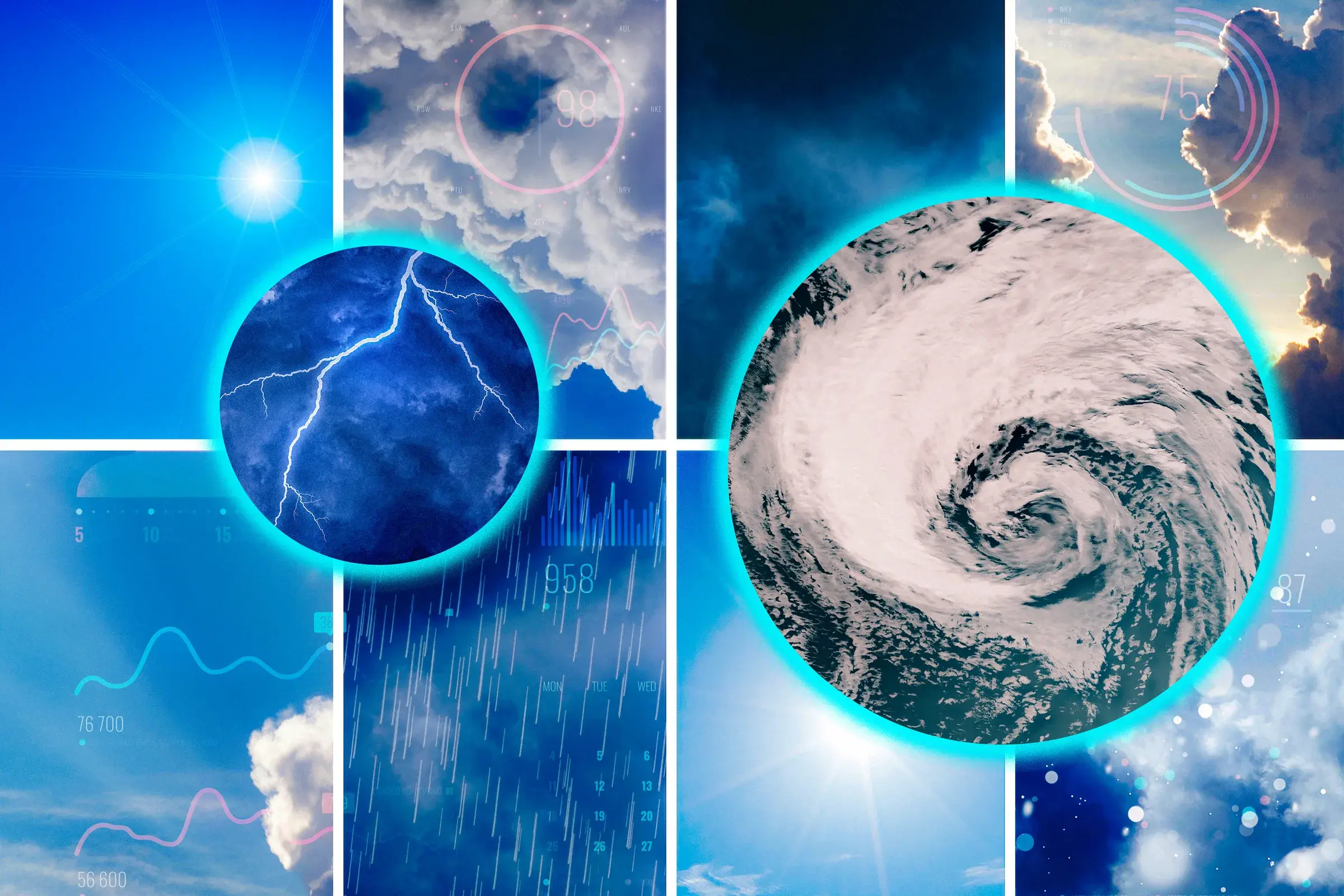 A collage with calm and rainy weather photos as background and lightning and a hurricane in the foreground