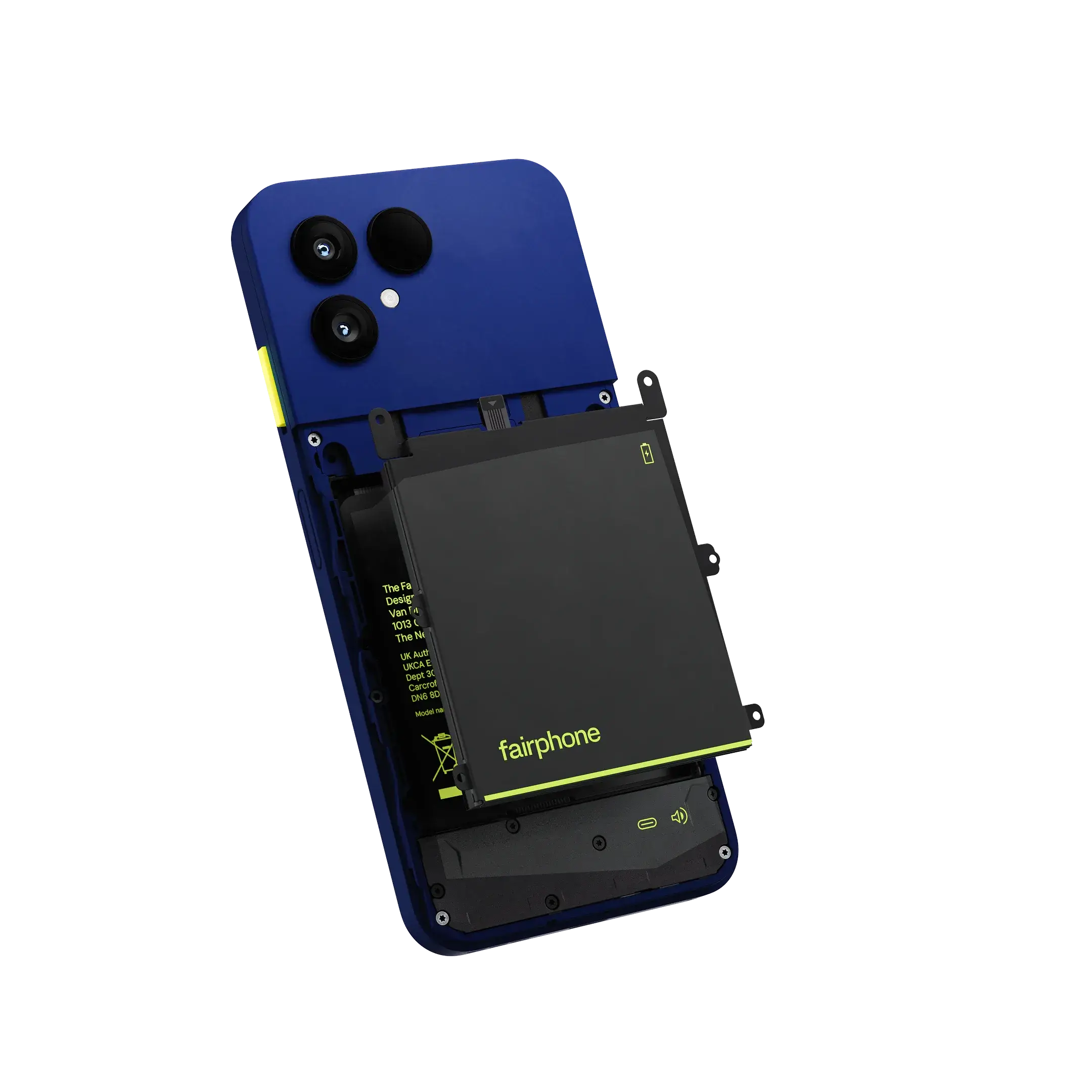Blue Fairphone Gen. 6+ opened from the rear with its removable battery lifted out of the chassis