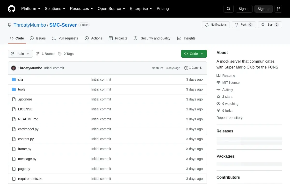 README SMC-Server avertissant que le contenu du site est inventé