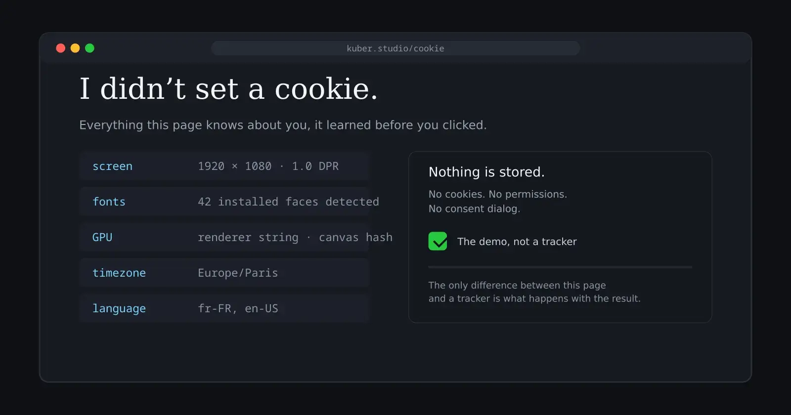 Une page annonçant au visiteur qu’elle n’a pas posé de cookie