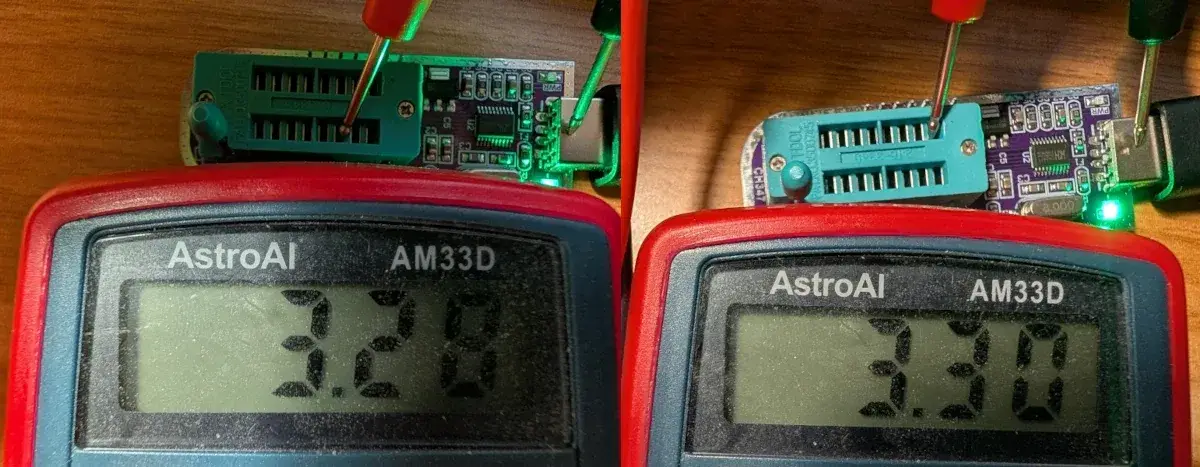 Multimètre mesurant environ 3,3 volts sur le programmateur CH347