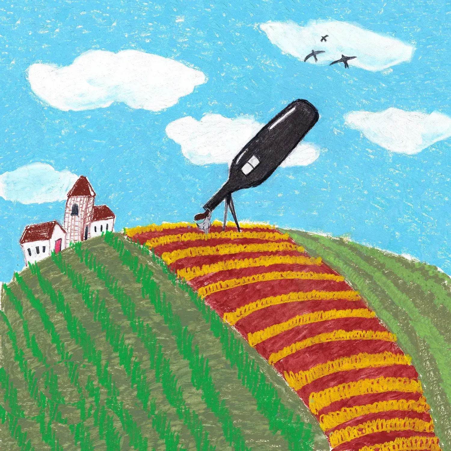 Colour illustration on paper created by Gaia Alari for Feudi di San Gregorio