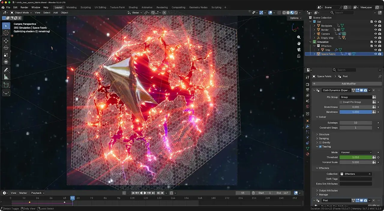 Tissu spatial en train de se déchirer pendant une simulation de dynamique de tissu dans Blender