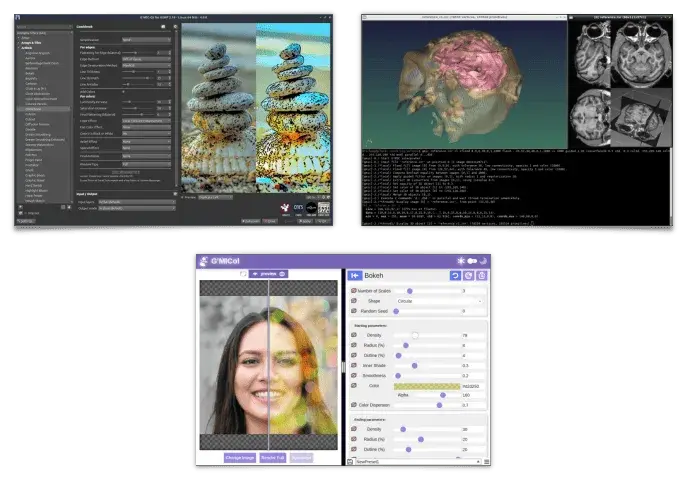 Interface de G’MIC-Qt montrant la bibliothèque de filtres du framework de traitement d’image