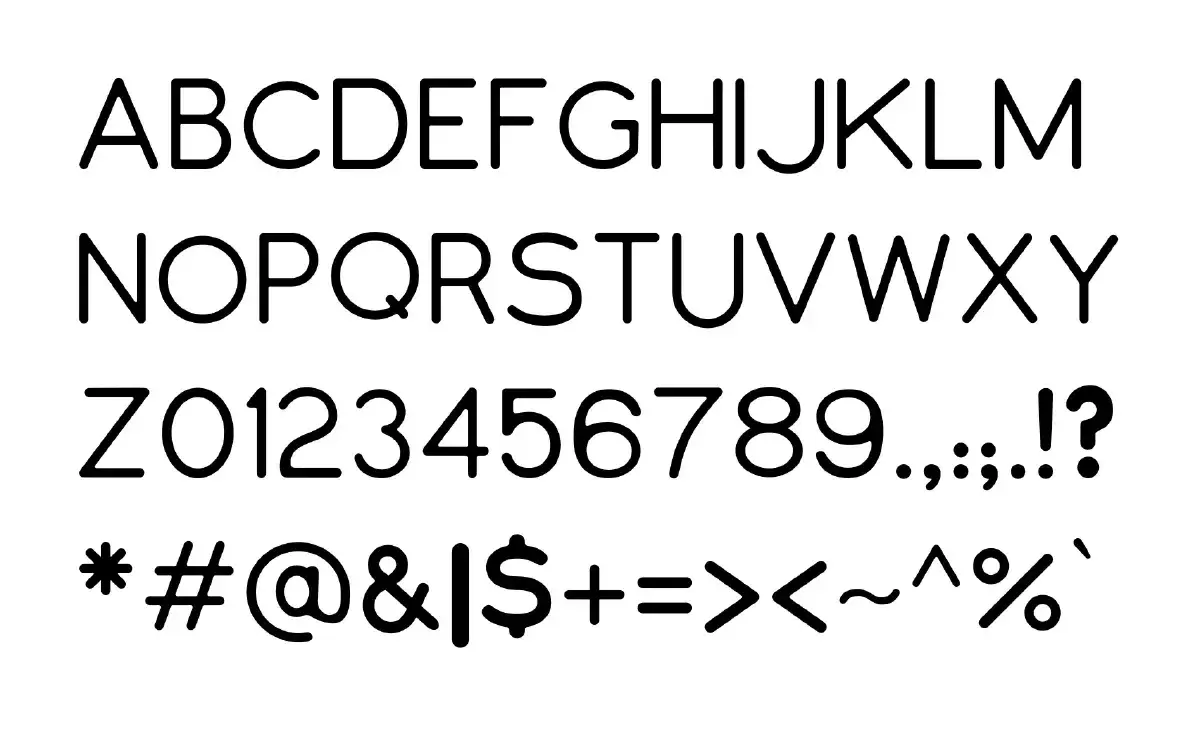 Full Gorton alphabet specimen showing the complete monoline character set including uppercase, lowercase, numerals and punctuation