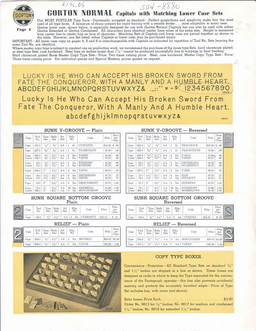 Original Gorton Master Copy Type catalog page showing brass template letterforms from the 1952 George Gorton Machine Co. catalog