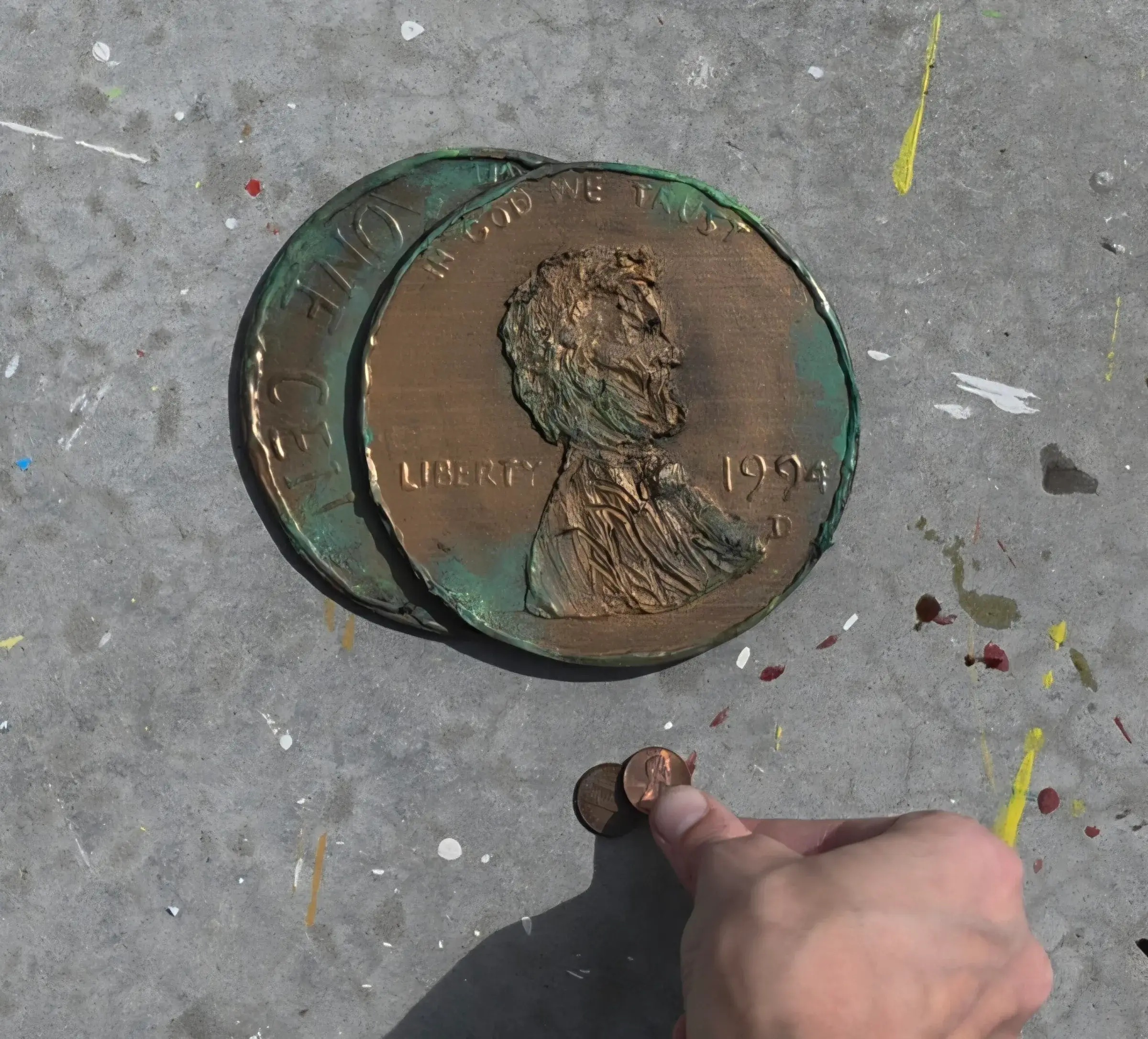 Two giant sculpted pennies with a green patina, next to a real one-cent coin held between fingers