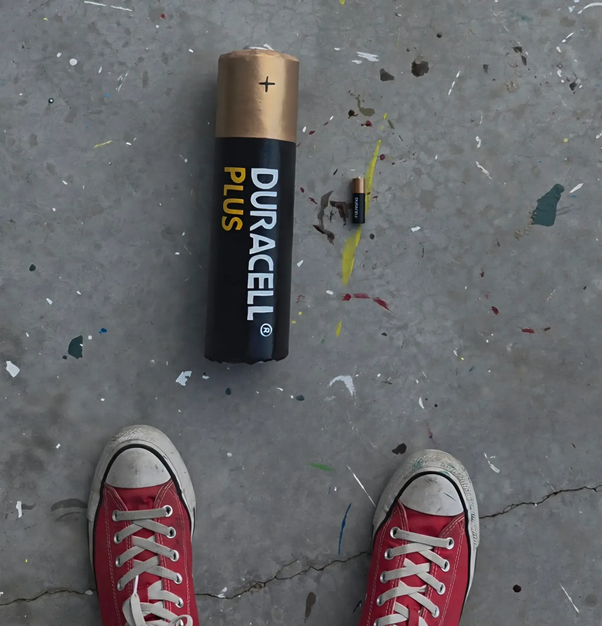 A giant painted Duracell battery next to a real AA battery and red sneakers on the studio floor