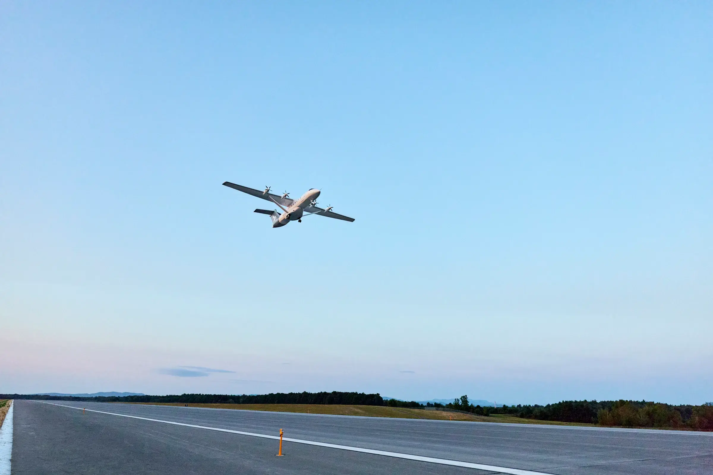 Heart X1 electric demonstrator climbing after takeoff at Plattsburgh in August 2026