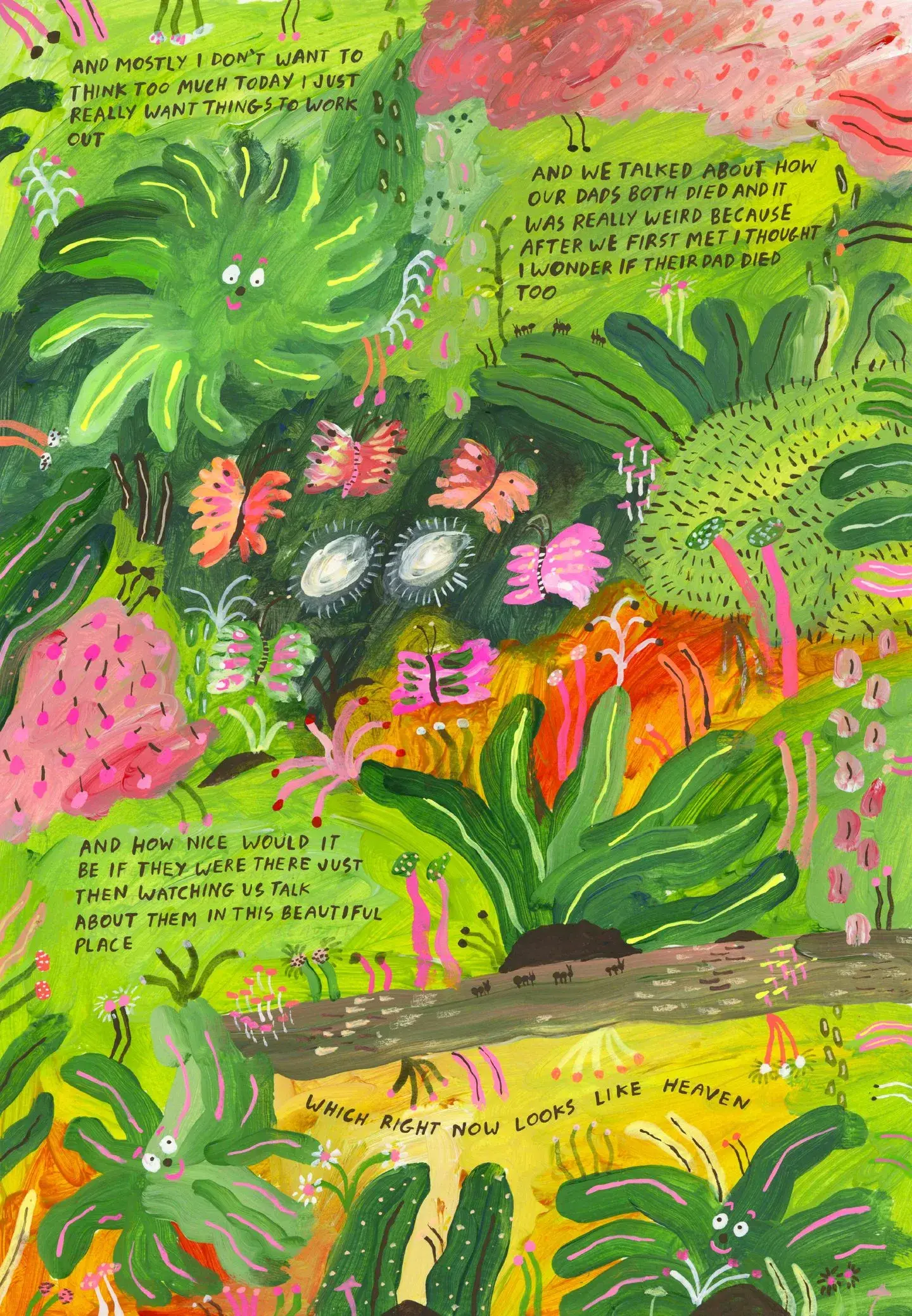 Illustrated page from Picking up a Toad with handwritten text integrated into the drawing