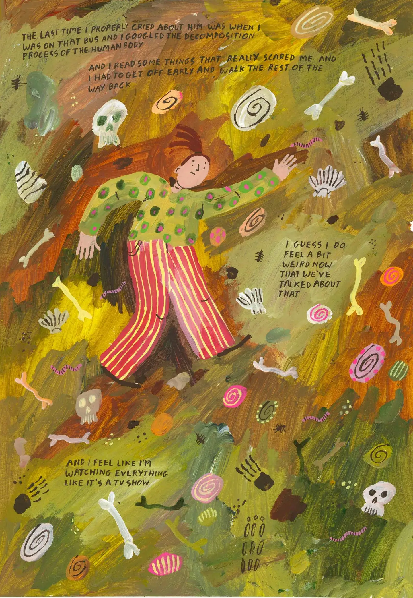 Darker illustration from Picking up a Toad showing a figure among organic forms