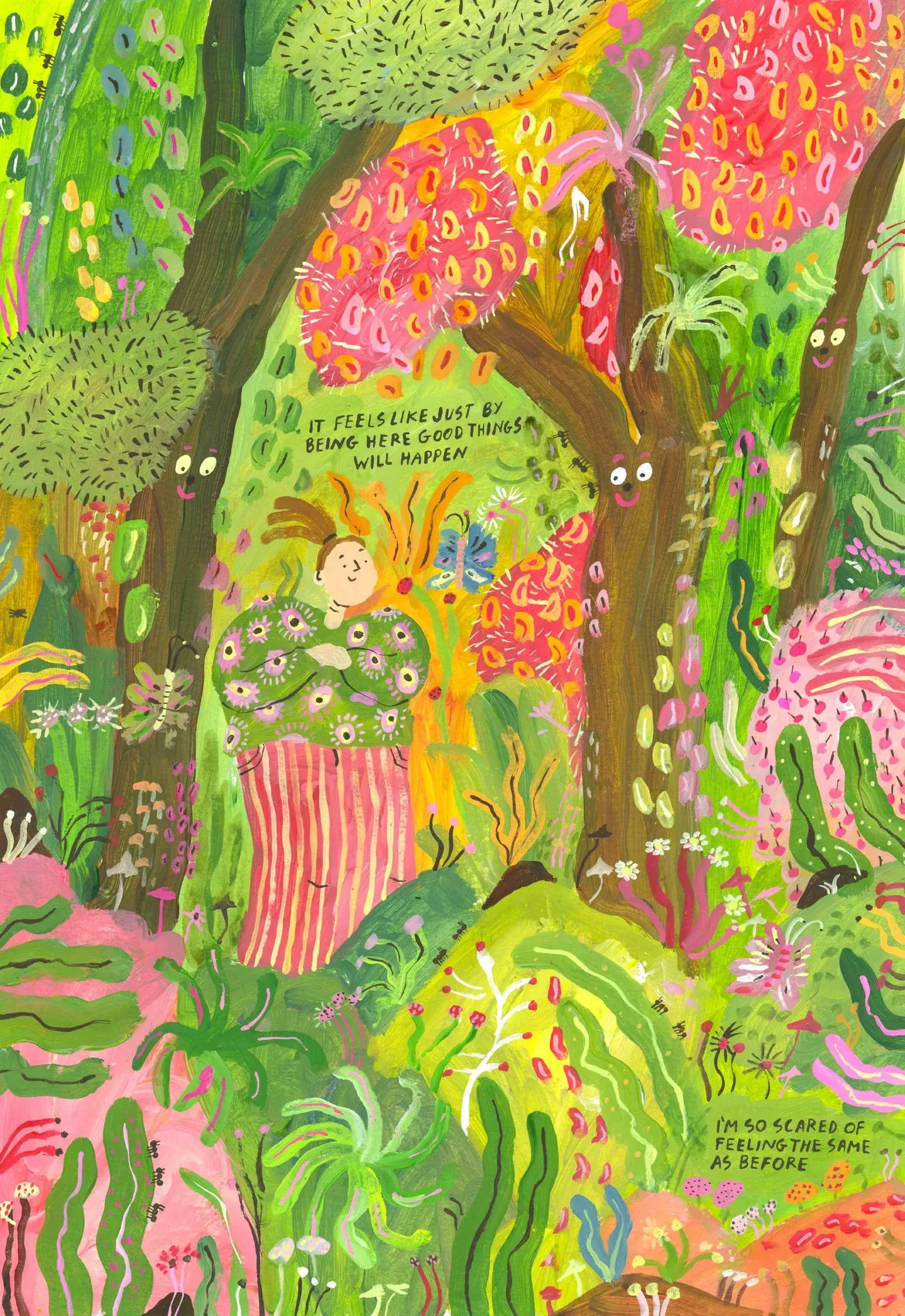 Holly Thomas illustration from Picking up a Toad, using green and pink around a densely populated landscape
