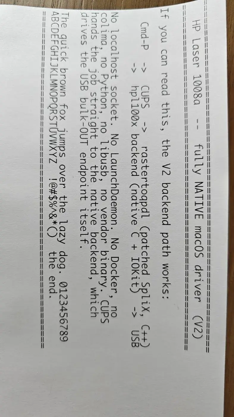 Clean test page printed by an HP Laser 1008a from macOS using the community driver