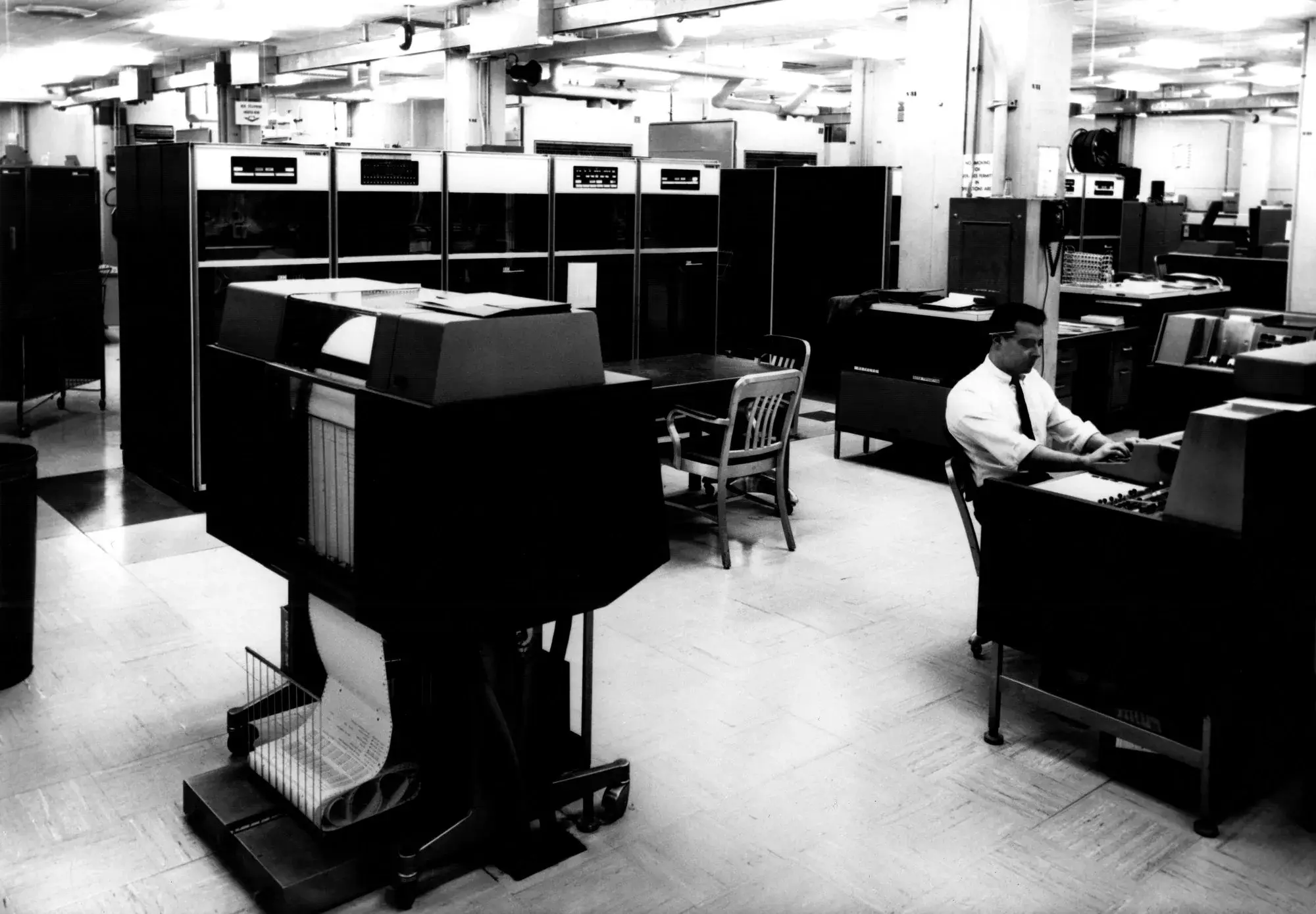 NSA data center at Fort Meade with printers and large computer cabinets