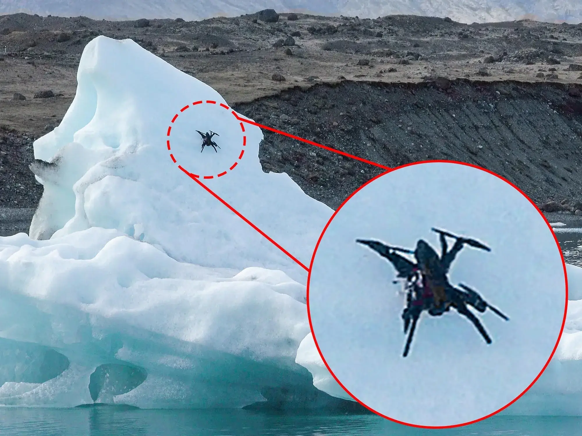 The Ice Dart drone anchored to the blue slope of an iceberg in Iceland