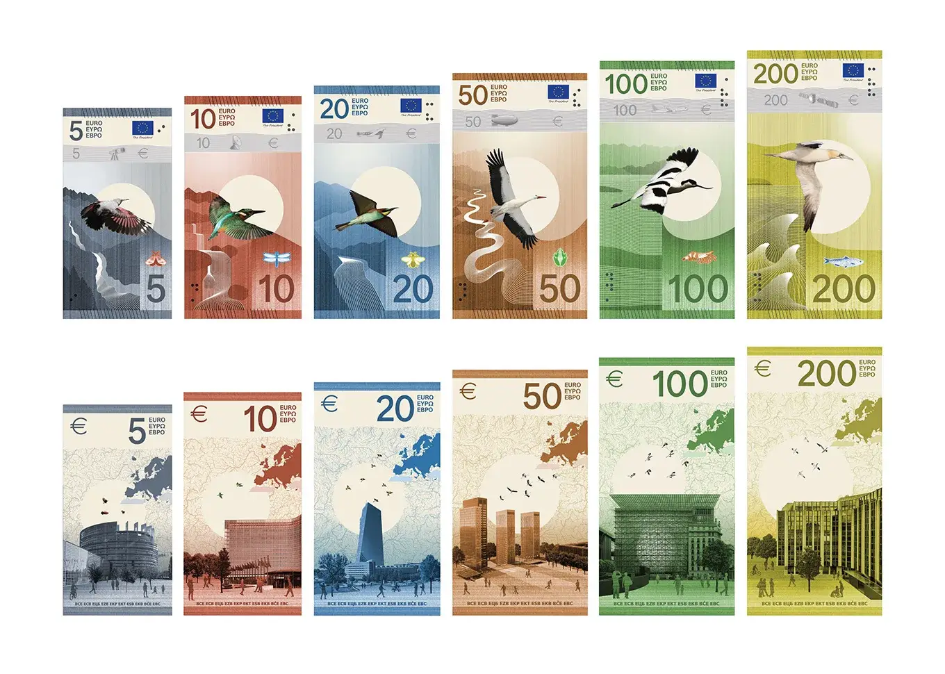 Board showing the full series of euro banknote proposals designed by Isabelle Daëron and Studio Idaë