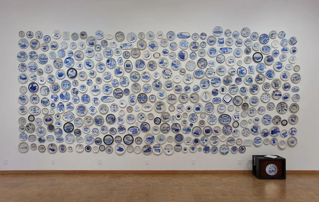 Julie Green's The Last Supper installation, made from hundreds of white plates painted in cobalt blue