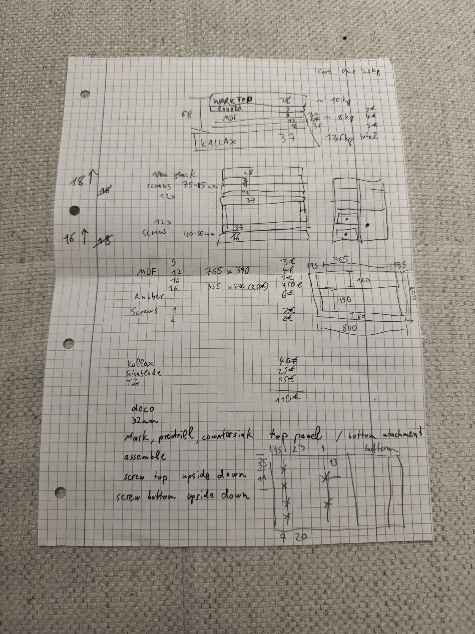 Plan of the project: sketch of the workbench with the KALLAX and desk top dimensioned
